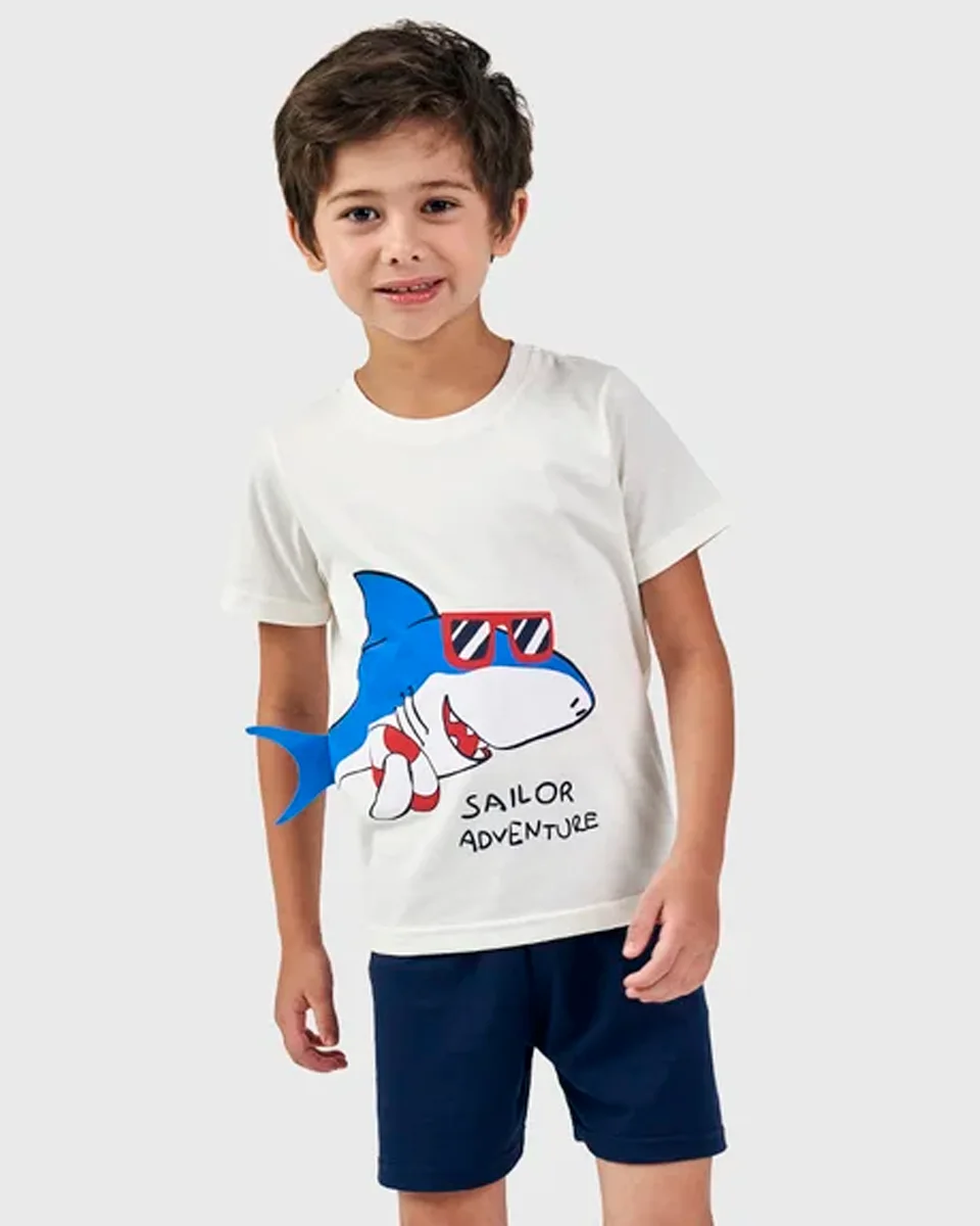 Bela notte pijama masc inf juv manga curta com aplique de barbatana — OFF WHITE (foto 1)