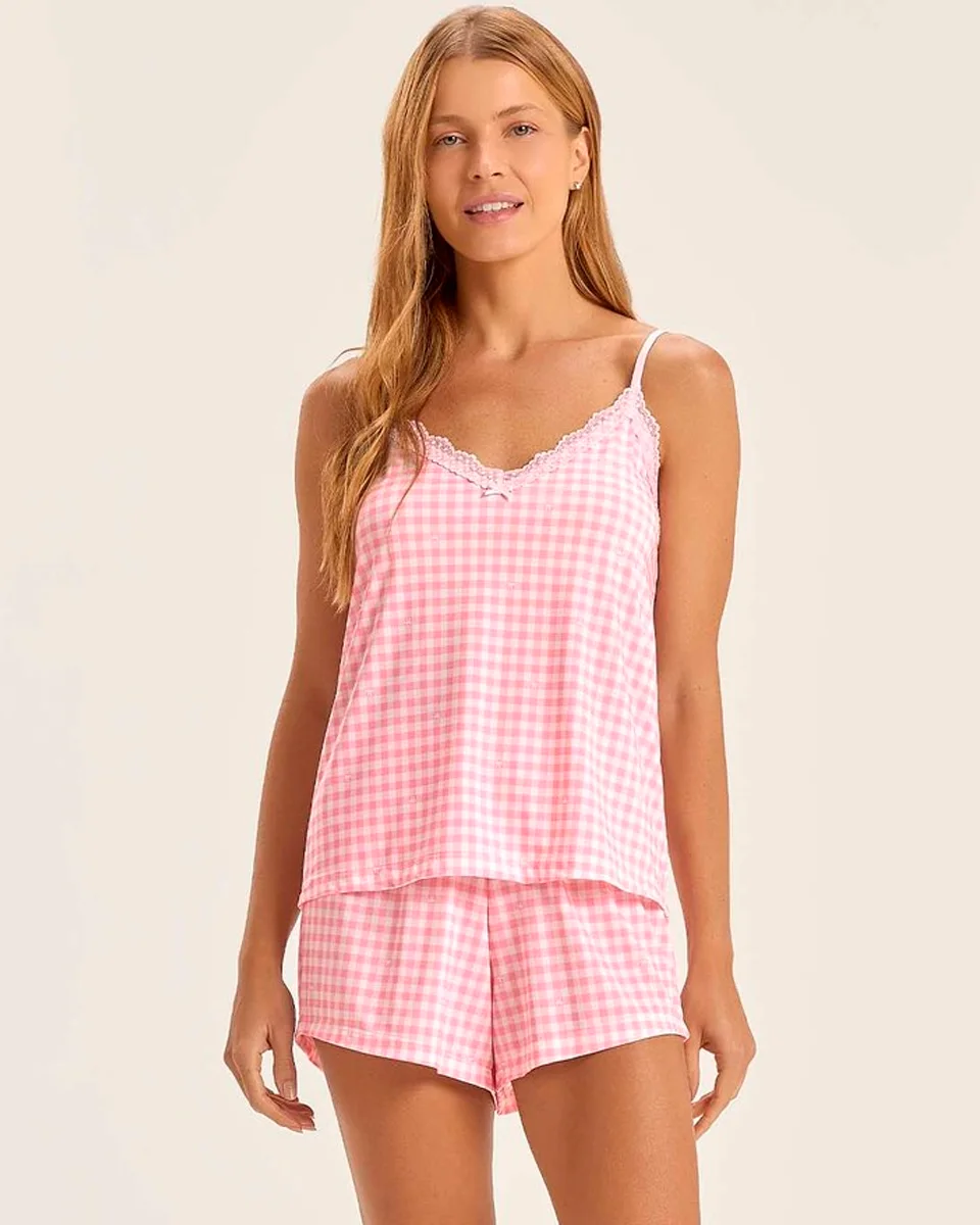Cor com amor pijama feminino alça c/ shorts 2011417 — ROSA/XADREZ (foto 1)