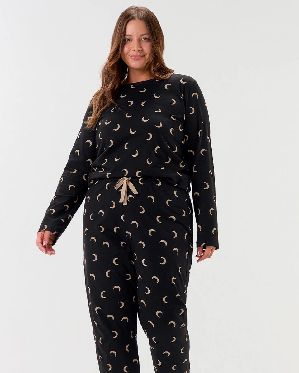 Cor com amor pijama feminino manga longa com calca plus size 2020108 — PRETO (foto 1)