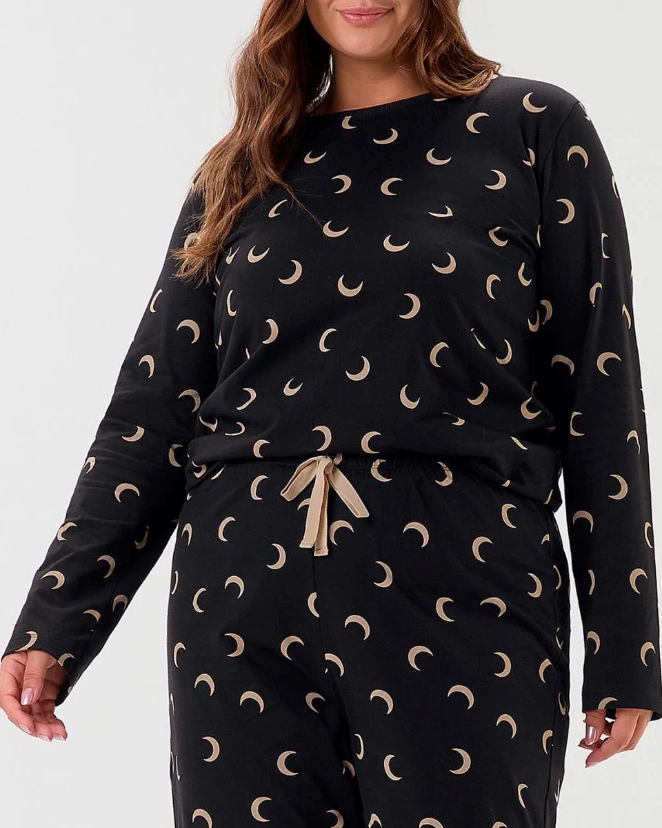 Cor com amor pijama feminino manga longa com calca plus size 2020108 — PRETO (foto 3)