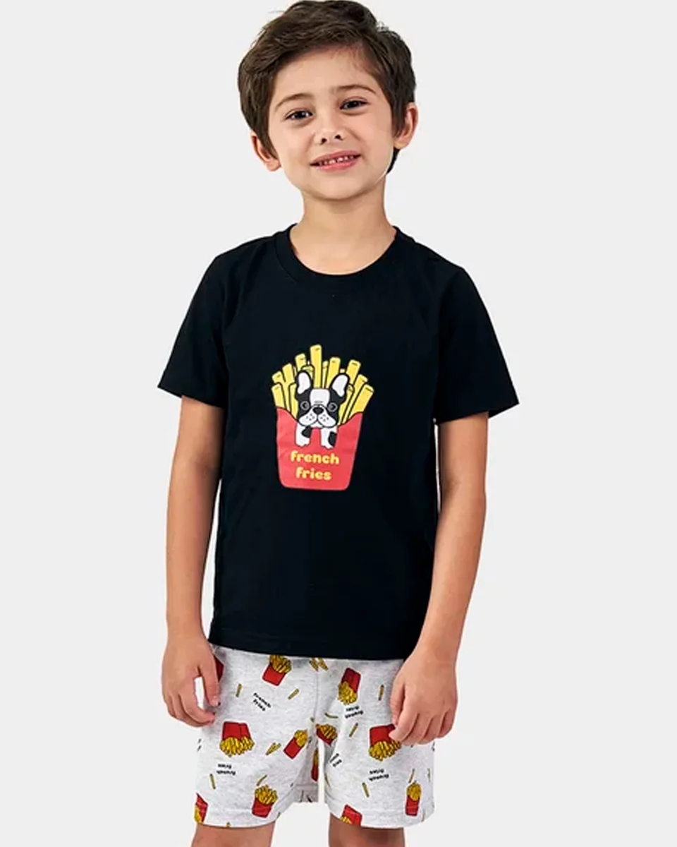 Bela notte pijama masc inf juv manga curta batata frita — PRETO (foto 1)