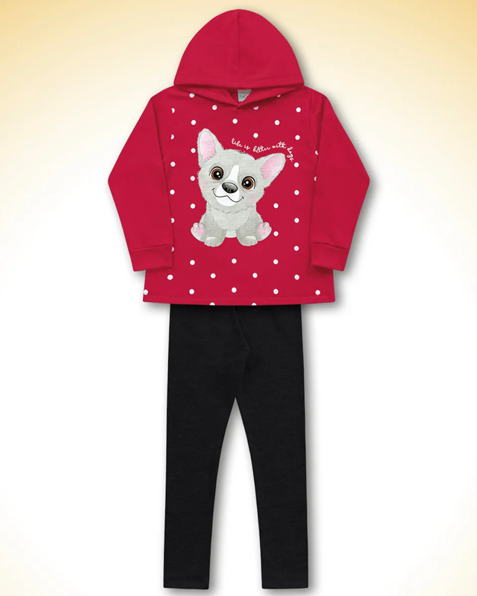 Fakini conjunto casaco com capuz em moletom e legging em molecotton feminino 10.23.01310 — VERMELHO/PRETO (foto 1)