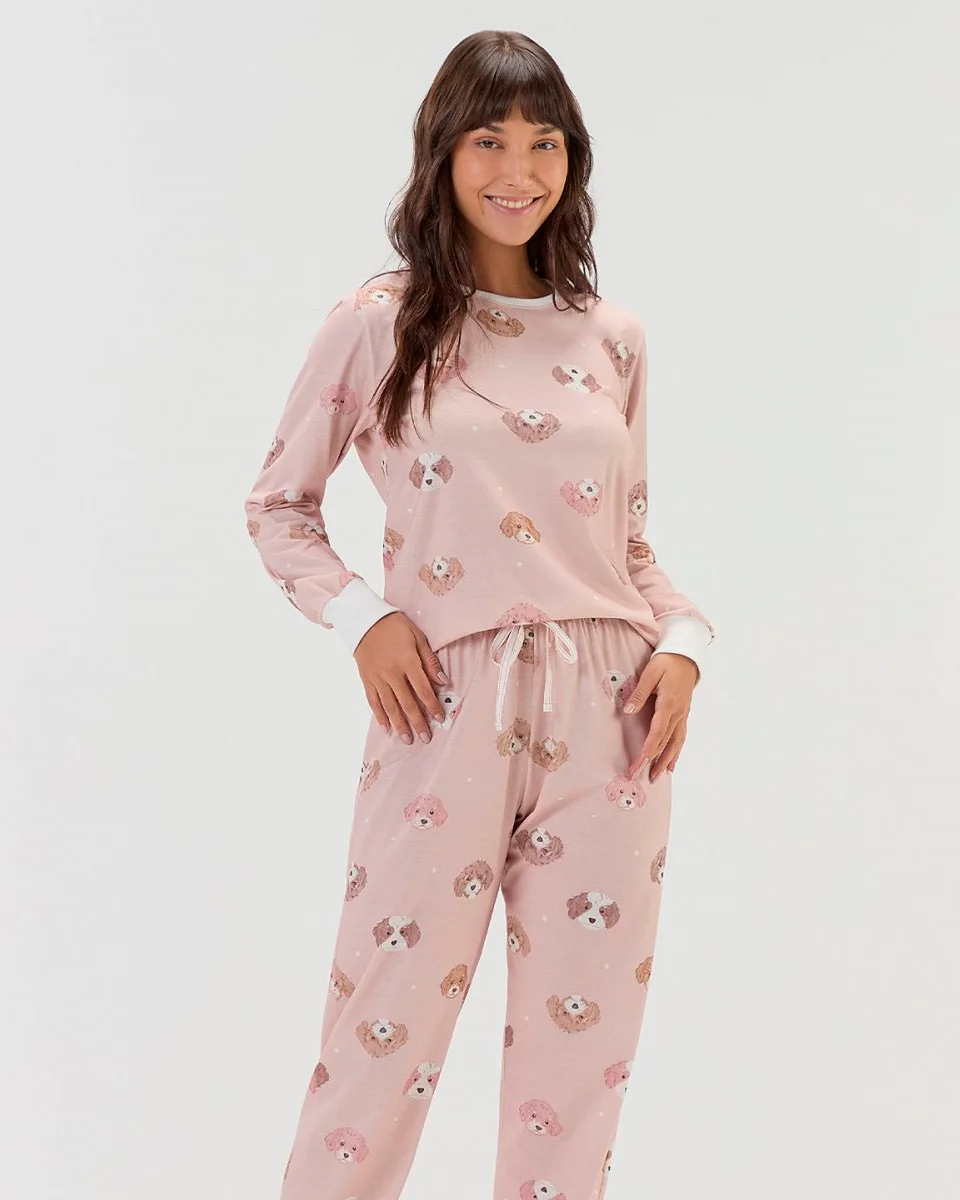 Cor com amor pijama feminino manga longa com calca 2011327 — ROSA (foto 1)