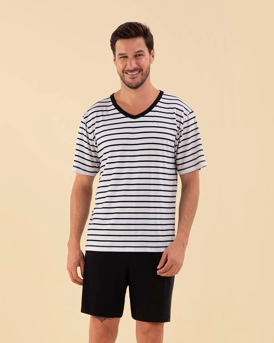 Sensare pijama curto masculino adulto — PRETO/LISTRA NAVY (foto 1)