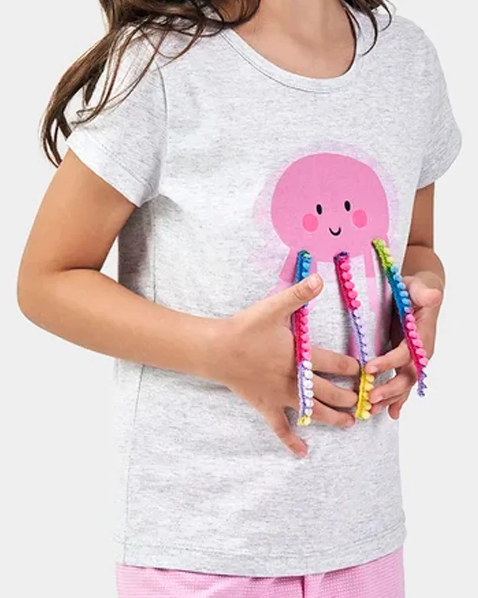 Bela notte pijama fem inf juv manga curta polvo interativo de cordinhas de pom pom — MESCLA (foto 2)