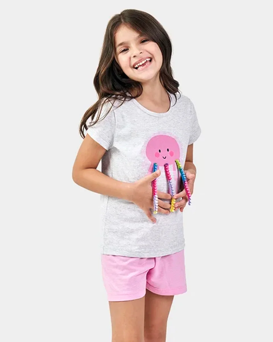 Bela notte pijama fem inf juv manga curta polvo interativo de cordinhas de pom pom — MESCLA (foto 1)