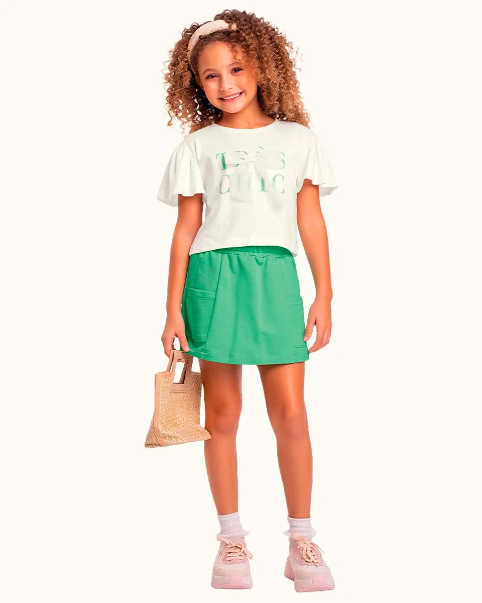Fakini conjunto blusa e short saia em malha feminino 10.25.03214 — MARFIM/VERDE (foto 2)