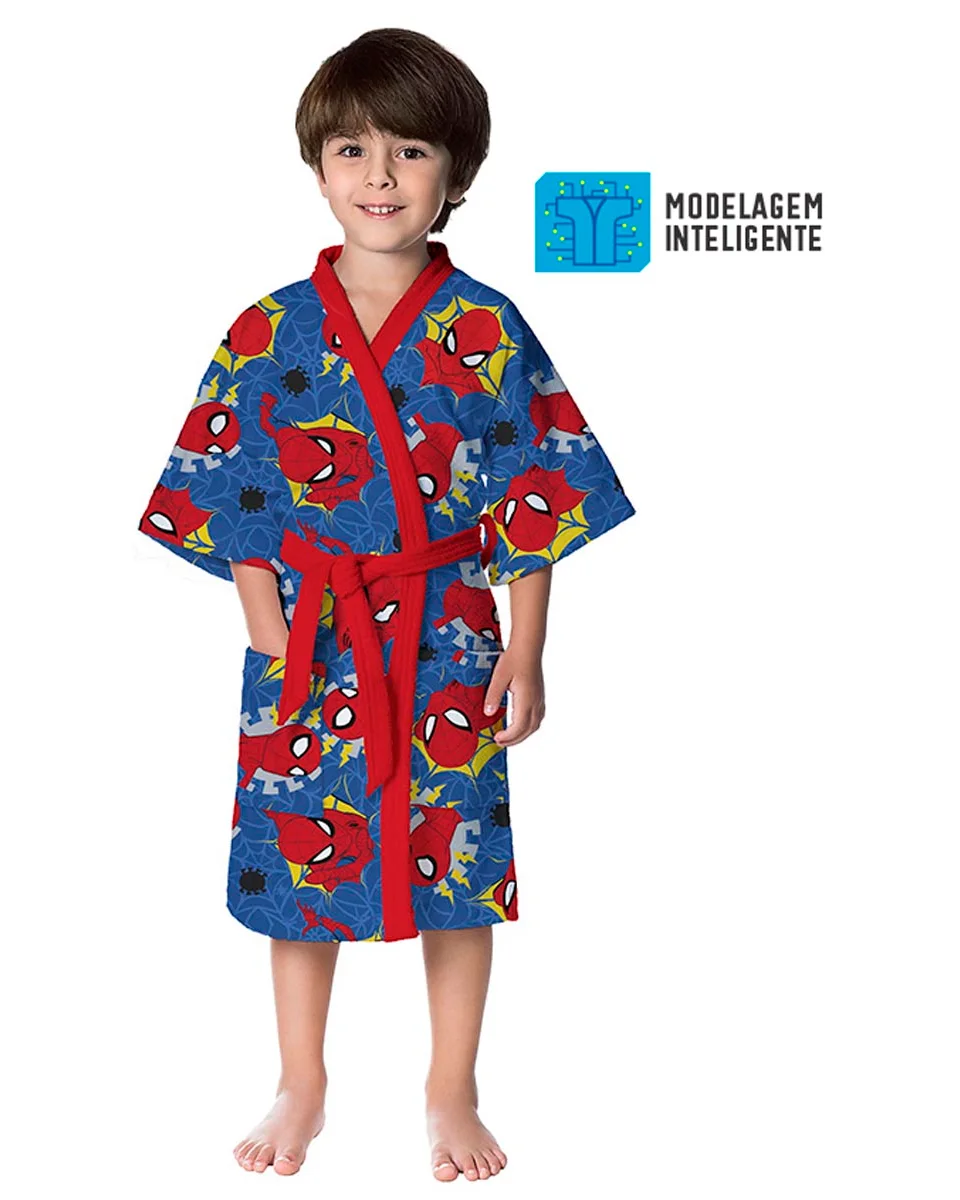Lepper roupao aveludado infantil quimono estampado spider — AZUL/VERMELHO (foto 1)