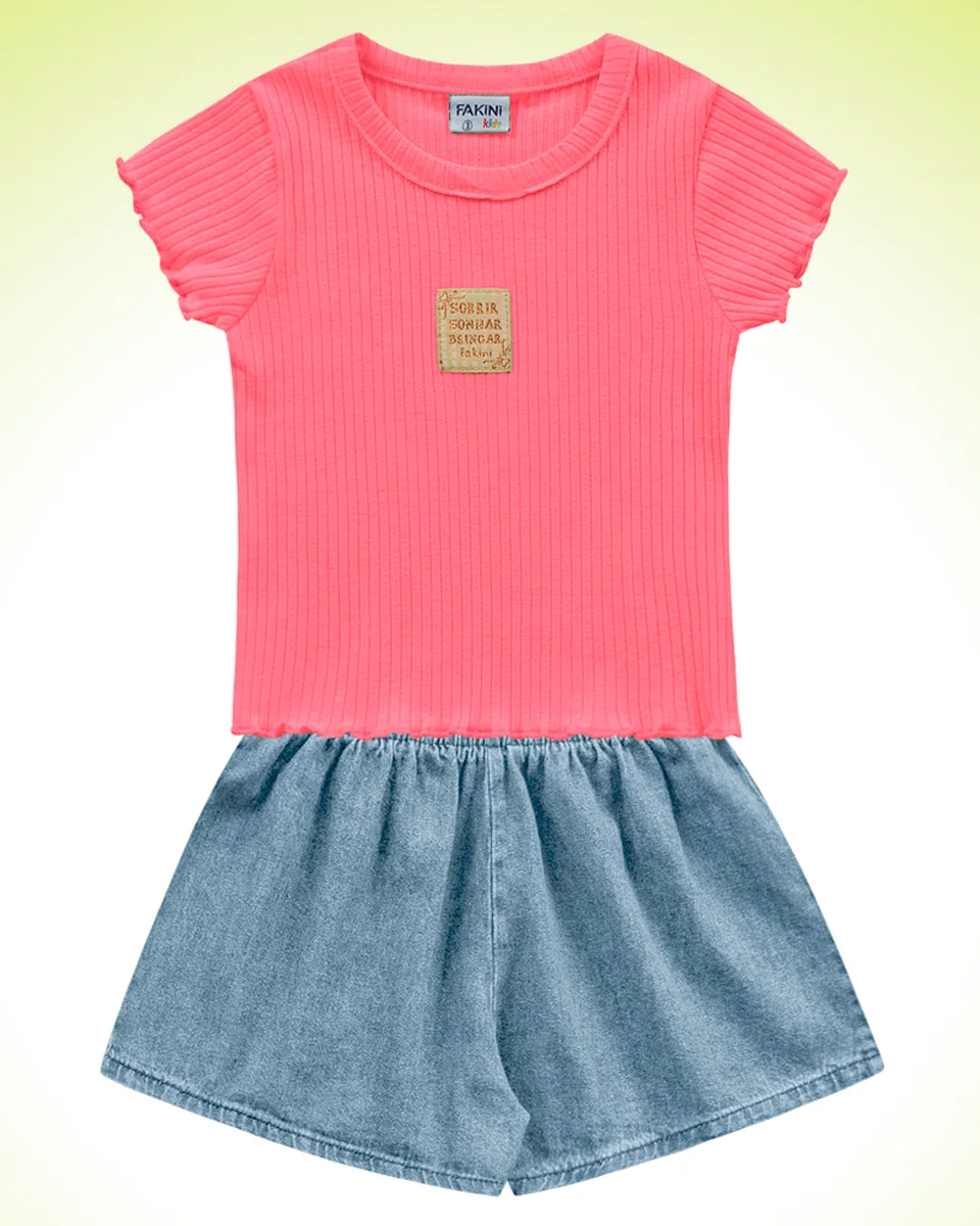 Fakini conjunto blusa em ribana e short jeans feminino 10.23.03104 — PINK/JEANS (foto 1)